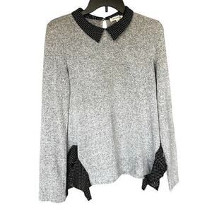 MONTEAU gray ultra soft sweater key hope black polka dot collar and trim size L